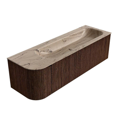 MONDIAZ KURVE-DLUX Meuble de salle de bains 145cm arrondi à gauche couleur Walnut avec 1 tiroir et 1 porte. Lavabo BIG LARGE à droite 2 trous de robinet Arena.