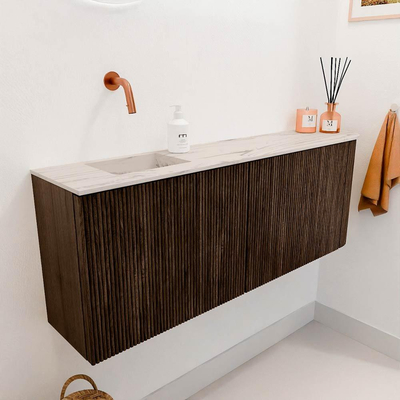 Mondiaz JOYA-DLUX 111.6cm toiletmeubel - ronding rechts kleur Walnut - Wastafel FAYE positie Links Zonder kraangat kleur Nata.