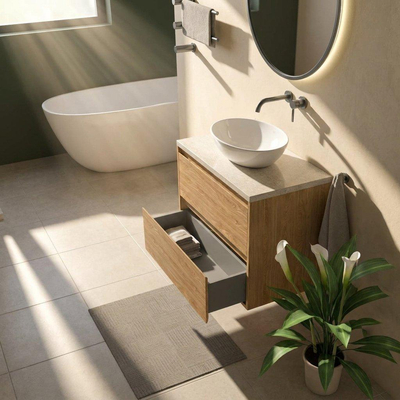 Saniclass Holz Pure Ensemble de meubles de salle de bains - 80x45x63cm - Plan de travail en pierre naturelle travertin - sans trou de robinetterie - 2 tiroirs - chêne naturel mat (bois)