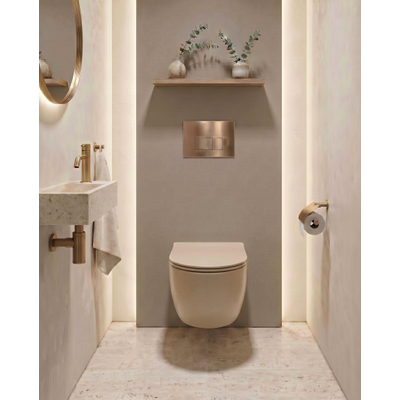 QeramiQ Dely Swirl Toiletset - 36.3x51.7cm - Geberit UP320 inbouwreservoir - met Burda frame - slim zitting - koperen bedieningsplaat - rechthoekige knoppen - mat beige