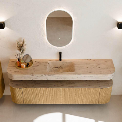 MONDIAZ THOR-DLUX 190cm meuble de salle de bains arrondi gauche + droite couleur Chêne avec 2 tiroirs et 2 portes. Vasque suspendue CLOUD Milieu 1 trou de robinet couleur Arena.