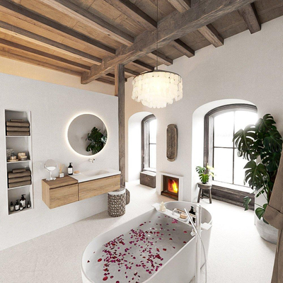 MONDIAZ BUKLA 120cm badmeubel met module 40 kleur Washed Oak met 2 lades. Wastafel CLOUD rechts 0 kraangaten kleur Talc.