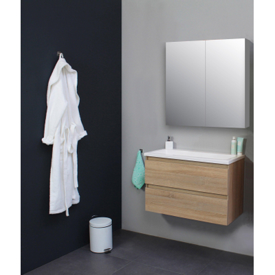 Basic Bella Meuble avec lavabo acrylique sans trou de robinet 80x55x46cm avec armoire toilette à 2 portes gris Chêne