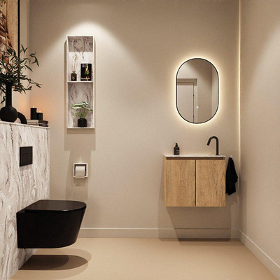 MONDIAZ TURE-DLUX Meuble toilette - 60cm - Washed Oak - EDEN - vasque Glace - position droite - 1 trou de robinet