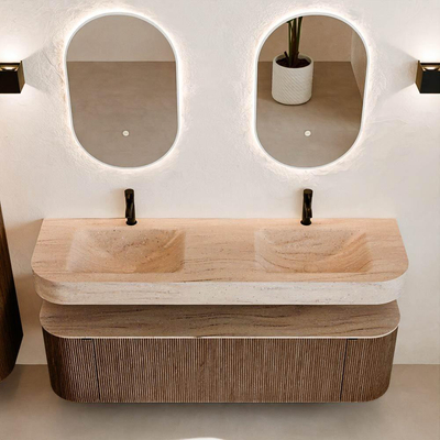 MONDIAZ THOR-DLUX 160cm badmeubel ronding links + rechts kleur Walnut met 1 lade en 2 deuren. Vrijhangende wastafel CLOUD Dubbel 2 kraangaten kleur Saba.