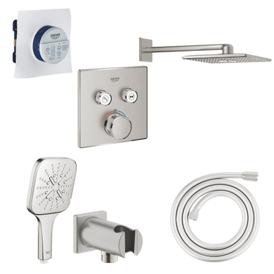 Grohe SmartControl Ensemble de douche - thermostatique encastré - boîtier d'encastrement - pomme de douche - douchette à main - coude de raccordement mural - flexible de douche - supersteel brossé