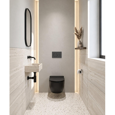 QeramiQ Dely Ensemble de toilette - réservoir encastré Qeramiq Flush - abattant 35mm - plaque de commande en pierre naturelle marbre foncé - boutons ronds - noir mat