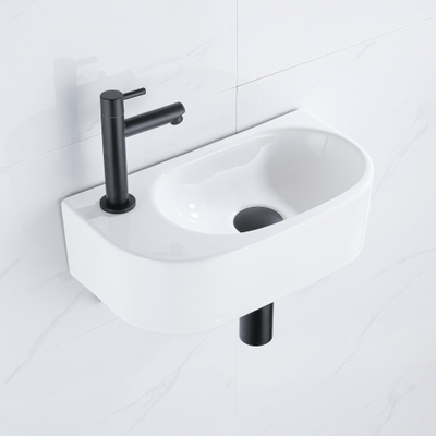 QeramiQ Fuente fonteinset – halfrond – 40x21.5x12 cm – keramiek wit glans – kraangat links – mat zwarte kraan