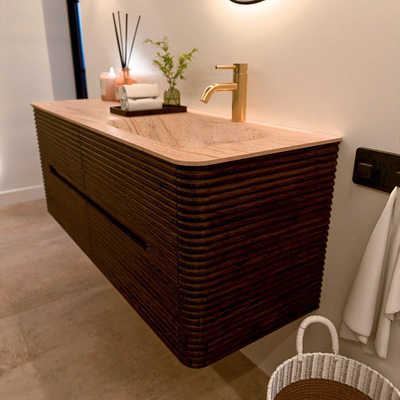 Mondiaz CIRO-DLUX Badkamermeubelset - 130x45x50cm - Solid surface wastafel Saba - 1 wasbak Rechts - 1 kraangat - 4 lades - Walnut