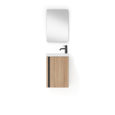Saniclass Chaci Ensemble meuble lave-mains - 40x55cm - 1 porte - lavabo lave-mains en marbre minéral - avec miroir rectangulaire - chêne chaud