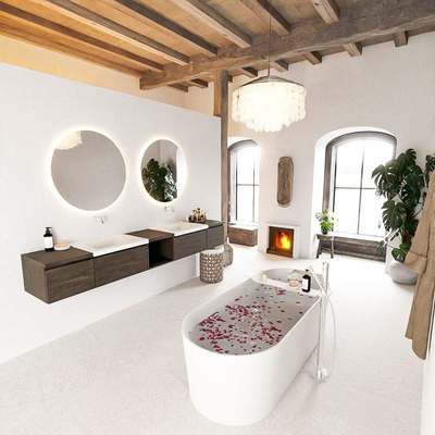 MONDIAZ BUKLA 240cm meuble de salle de bain avec module ouvert 40 au milieu couleur Marron Foncé avec 4 tiroirs. Lavabo CLOUD double 0 trou de robinet couleur Talc.