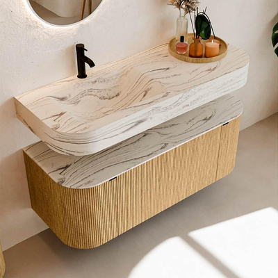 MONDIAZ THOR-DLUX 120cm meuble de salle de bains arrondi gauche + droite couleur Chêne avec 1 tiroir et 2 portes. Vasque suspendue CLOUD Gauche 1 trou de robinet couleur Nata.