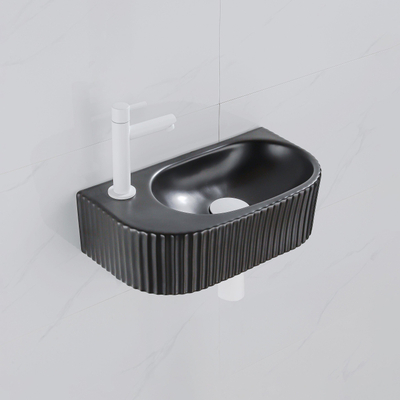 QeramiQ Fuente Ensemble de Lavabo - 40x21.5x12cm - gauche - strié - demi-rond - 1 trou de robinet - céramique - ensemble de robinet blanc mat - bouchon de vidange - siphon abaissé - noir mat