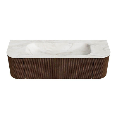 MONDIAZ KURVE-DLUX 150cm badmeubel met module 25 Len R kleur Walnut met 1 lade en 2 deuren. Wastafel BIG MEDIUM midden 1 kraangat kleur Ostra.