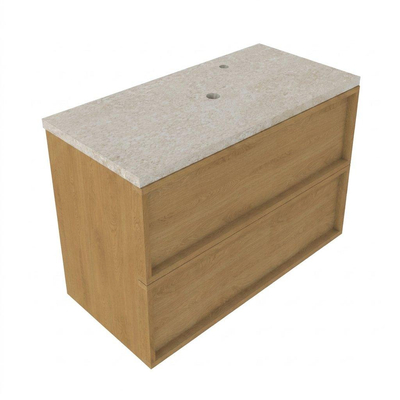 Saniclass Holz Frame Ensemble de meubles de salle de bains - 100x45x63cm - Plan de travail en pierre naturelle travertin - 1 trou de robinetterie - 2 tiroirs - chêne natural mat (bois)