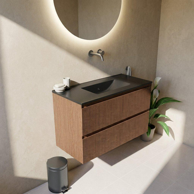 Saniclass Holz Atelier Ensemble de meubles de salle de bains - 100x45x62cm - Vasque Vygo en céramique noire - 1 vasque - sans trou de robinetterie - 2 tiroirs - walnut pure mat (bois)