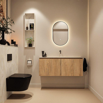 MONDIAZ TURE-DLUX meuble WC 120 cm Washed Oak. Lavabo EDEN Ostra position milieu. Sans trou de robinet.