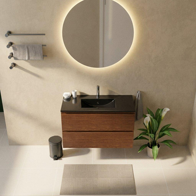 Saniclass Holz Pure Ensemble de meubles de salle de bains - 100x45x62cm - Vasque Vygo en céramique noire - 1 vasque - 1 trou de robinet - 2 tiroirs - walnut pure mat (bois)