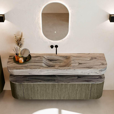 MONDIAZ THOR-DLUX Meuble de salle de bains 170cm arrondi gauche + droite couleur Shadow avec 1 tiroir et 2 portes. Vasque suspendue CLOUD Milieu sans trou de robinet couleur Sombra.