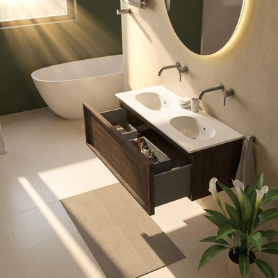Saniclass Holz Frame Ensemble meuble de salle de bains - 120x45x54cm - lavabo Chaci en céramique blanc - 2 vasques - sans trous de robinetterie - 1 tiroir - chêne charcoal mat (bois)