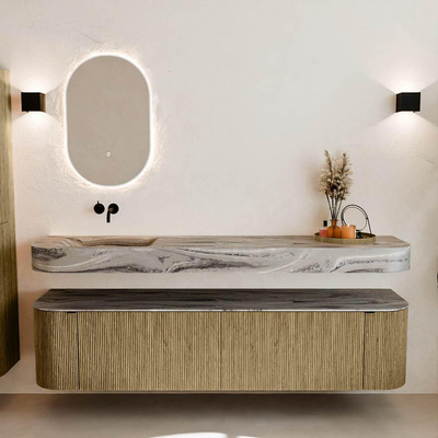 MONDIAZ THOR-DLUX Meuble de salle de bains 190cm arrondi gauche + droite couleur Dusk avec 2 tiroirs et 2 portes. Vasque suspendue CLOUD Gauche sans trou de robinet couleur Sombra.