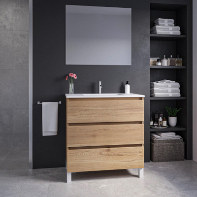 Adema Chaci PLUS Ensemble de meuble - 79.5x86x45.9cm - 1 vasque rectangulaire en céramique Blanc - 1 trou de robinet - 3 tiroirs - miroir rectangulaire - Cannelle