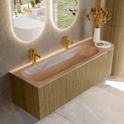 MONDIAZ KURVE-DLUX Meuble de salle de bains 145cm arrondi à droite couleur Dusk avec 1 tiroir et 1 porte. Lavabo BIG LARGE à gauche 2 trous de robinet Saba.