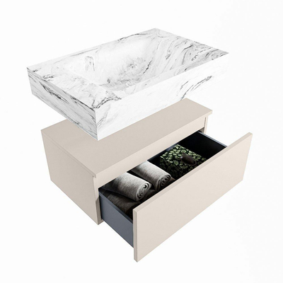Mondiaz ALAN-DLUX Ensemble de meuble - 70cm - meuble Linen mat - 1 tiroir - Lavabo Cloud Glace suspendu - vasque Centre - 0 trous de robinet
