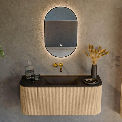 MONDIAZ KURVE 110cm Meuble salle de bain avec module 25 G et D - couleur Oak - 1 tiroir - 2 portes - vasque CLOUD centre - sans trous de robinet - Urban