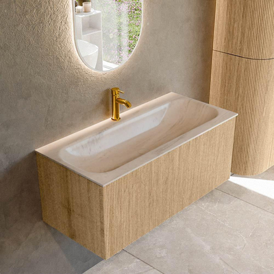 MONDIAZ KURVE-DLUX 100cm badmeubel kleur Oak met 1 lade en 0 deuren. Wastafel BIG MEDIUM Midden 1 kraangat Meli.