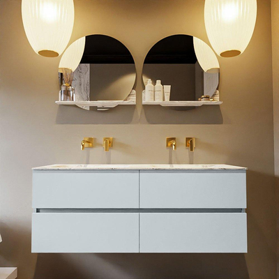 MONDIAZ VICA-DLUX Ensemble meuble de salle de bains - 130cm - meuble bas clay - 4 tiroirs - lavabo encastré cloud double - sans trous de robinetterie - version haute 60cm - glace