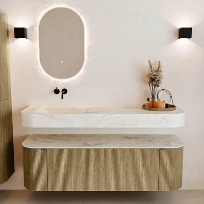 MONDIAZ THOR-DLUX 150cm meuble de salle de bains arrondi gauche + droite couleur Dusk avec 1 tiroir et 2 portes. Vasque suspendue CLOUD Gauche sans trou de robinet couleur Ostra.