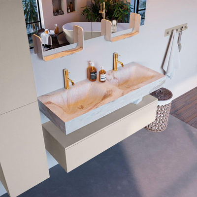 Mondiaz ALAN-DLUX Ensemble de meuble - 120cm - meuble Linen mat - 1 tiroir - Lavabo Cloud Frappe suspendu - vasque Gauche et droite - 2 trous de robinet