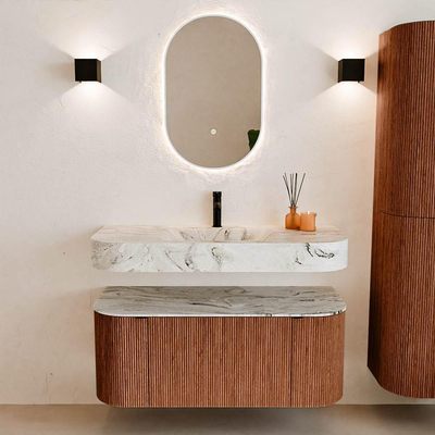 MONDIAZ THOR-DLUX 110cm meuble de salle de bains arrondi gauche + droite couleur Ruby avec 1 tiroir et 2 portes. Vasque suspendue CLOUD Milieu 1 trou de robinet couleur Glace.