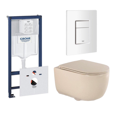 QeramiQ Dely Swirl Pack WC - 36,5x53cm - réservoir encastré Grohe Rapid - abattant mince - plaque de commande blanche - boutons rectangulaires - beige