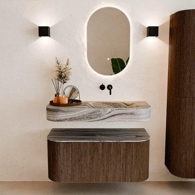 MONDIAZ THOR-DLUX 100cm badmeubel ronding links + rechts kleur Walnut met 1 lade en 2 deuren. Vrijhangende wastafel CLOUD Rechts zonder kraangat kleur Sombra.