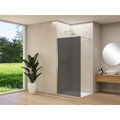 Van Rijn Products ST01 vaste wand - 88x200cm - grijs rookglas - - dikte 8mm - stabilisatiestang - muurprofiel - RVS Geborsteld