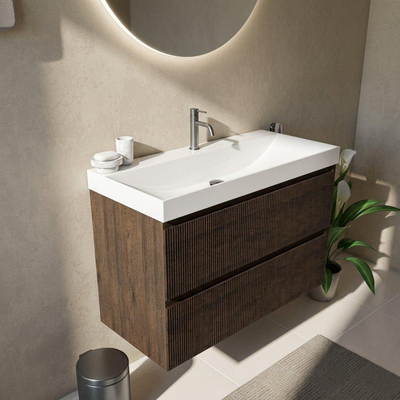 Saniclass Holz Atelier Ensemble meuble de salle de bains - 100x45x67.5cm - lavabo en céramique Wave - 1 vasque - 1 trou de robinetterie - 2 tiroirs - chêne charcoal mat (bois)