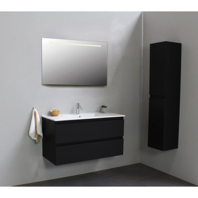 Basic Bella Meuble salle de bains avec lavabo céramique avec miroir et éclairage Blanc 100x55x46cm 1 trou de robinet Noir mat