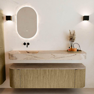 MONDIAZ THOR-DLUX 160cm meuble de salle de bains arrondi gauche + droite couleur Dusk avec 1 tiroir et 2 portes. Vasque suspendue CLOUD Gauche sans trou de robinet couleur Arena.