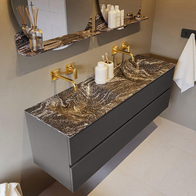 Mondiaz VICA-DLUX ensemble de meuble de salle de bain - 150cm - meuble sous-vasque gris foncé - 2 tiroirs - lavabo encastré cloud double - sans trous de robinet - version haute de 60cm - lave