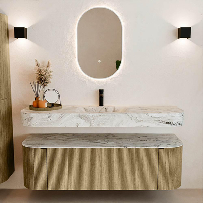 MONDIAZ THOR-DLUX 150cm meuble de salle de bains arrondi gauche + droite couleur Dusk avec 1 tiroir et 2 portes. Vasque suspendue CLOUD Milieu 1 trou de robinet couleur Glace.