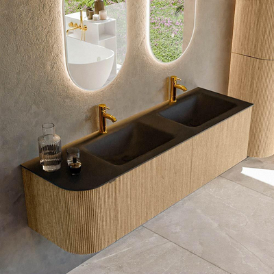 MONDIAZ KURVE 155cm badmeubel met module 25 L kleur Oak met 2 lades en 1 deur. Wastafel CLOUD dubbel / rechts 2 kraangaten Urban.