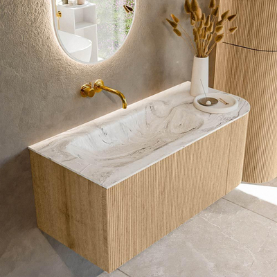 MONDIAZ KURVE-DLUX 105cm Meuble salle de bain avec module 25 D - couleur Oak - 1 tiroir - 1 porte - vasque BIG SMALL gauche - sans trou de robinet - couleur Glace