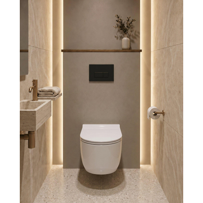 QeramiQ Dely Pack WC - 36.3x51.7cm - à fond creux - sans bride - réservoir encastré Geberit UP720 - abattant WC softclose 35 mm - plaque de commande en plastique noir mat - boutons rectangulaires - blanc mat