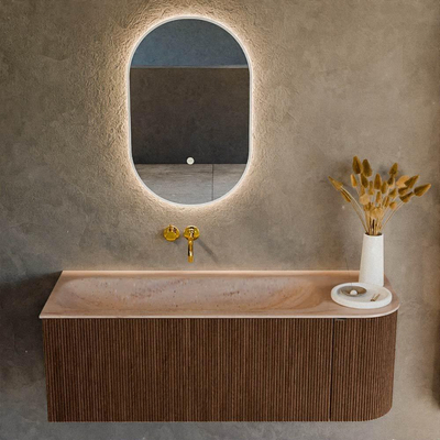 MONDIAZ KURVE-DLUX 125cm badmeubel ronding Rechts kleur Walnut met 1 lade en 1 deur. Wastafel BIG MEDIUM Links zonder kraangat Saba.