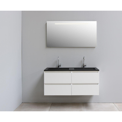 Basic Bella Badkamermeubelset - 120x55x46cm - 2 wasbakken - Acryl - Zwart - 2 kraangaten - Wandspiegel met verlichting - Spaanplaat Wit hoogglans