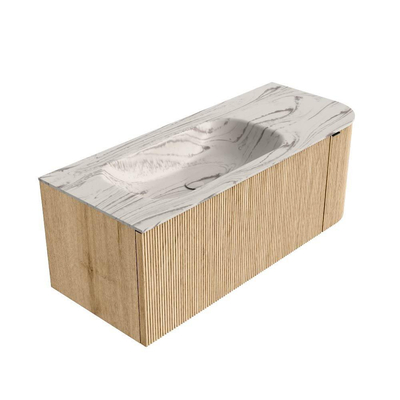 MONDIAZ KURVE-DLUX Meuble de salle de bains 115 cm arrondi à droite couleur Oak avec 1 tiroir et 1 porte. Vasque BIG SMALL à gauche sans trou de robinet Nata.