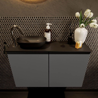 Mondiaz Fowy Toiletmeubel - 80x50x23cm - dark grey mat - 1 kraangat - wasbak links - 2 deuren - solid surface - blad MDF - wasbak: zwart