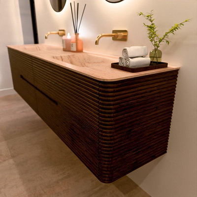 Mondiaz CIRO-DLUX Badkamermeubelset - 190x45x50cm - Solid surface wastafel Saba - 2 wasbak Dubbel - zonder kraangaten - 4 lades - Walnut
